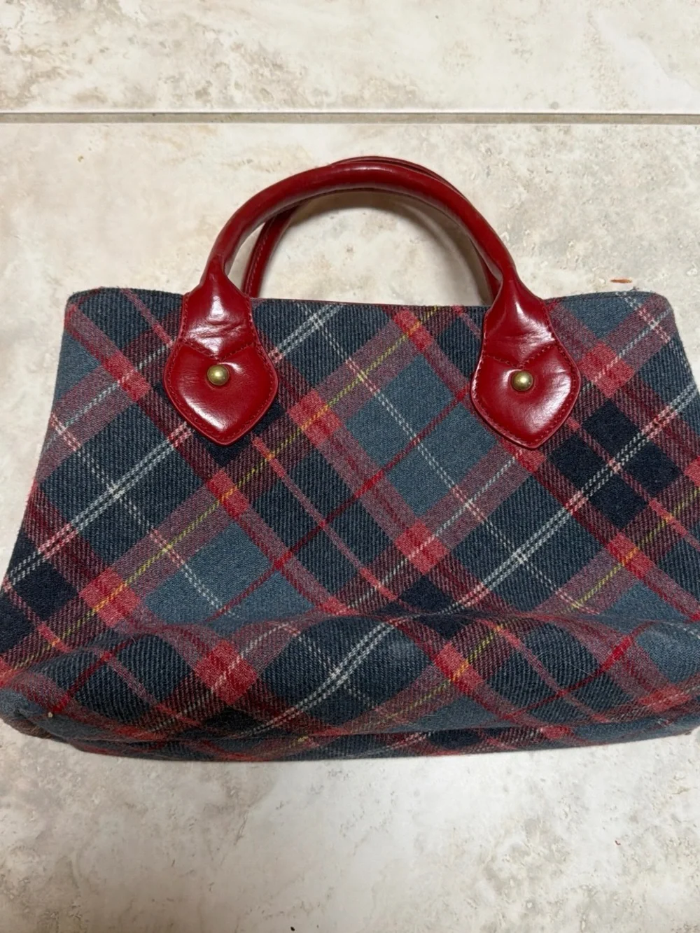 Plaid Tote with Red Leather Handles and Navy Body